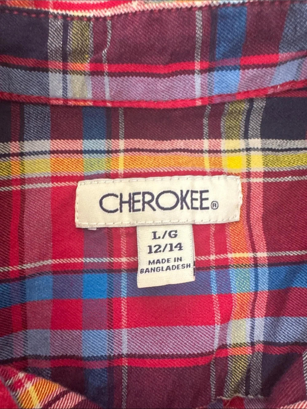 Boys size L (12/14). Cherokee Red and Blue Plaid Button-Up Long Sleeve Shirt